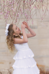 First Communion portrait with blooming trees